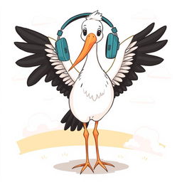 A delightful illustration of a traditional stork, known for delivering babies, wearing stylish headphones