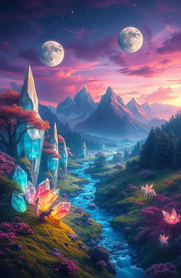 A breathtaking fantasy landscape of Tenaria, a magical world filled with vibrant colors and enchanting flora