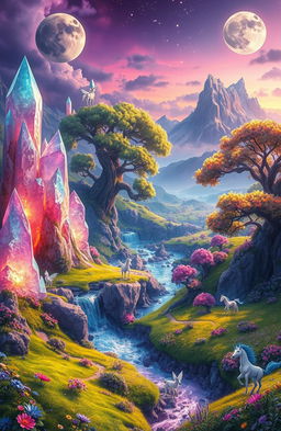 A breathtaking fantasy landscape of Tenaria, a magical world filled with vibrant colors and enchanting flora