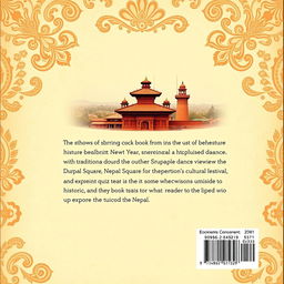 A subtle and engaging back cover design for the 'Guransh Quiz Book,' featuring an inspiring historic moment from Nepal, such as the celebration of Nepali New Year with traditional dances or the majestic view of the Durbar Square during a cultural festival