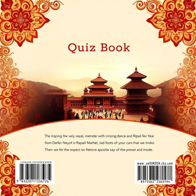 A subtle and engaging back cover design for the 'Guransh Quiz Book,' featuring an inspiring historic moment from Nepal, such as the celebration of Nepali New Year with traditional dances or the majestic view of the Durbar Square during a cultural festival