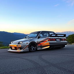 A Nissan ER-33 sedan, beautifully detailed and customized for drifting, showcasing its sleek aerodynamic design, lowered suspension, and bold modifications