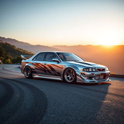 A Nissan ER-33 sedan, beautifully detailed and customized for drifting, showcasing its sleek aerodynamic design, lowered suspension, and bold modifications