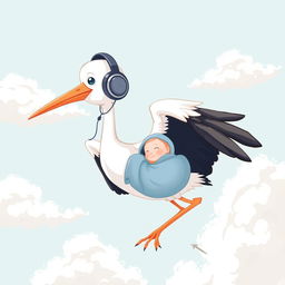 A heartwarming illustration of a stork wearing stylish headphones, delivering a baby boy