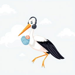 A heartwarming illustration of a stork wearing stylish headphones, delivering a baby boy