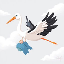 A heartwarming illustration of a stork wearing stylish headphones, delivering a baby boy