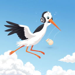 A heartwarming illustration of a stork wearing stylish headphones, delivering a baby boy