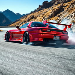 A 1991 Mazda RX-7 in a vibrant, glossy red finish, customized for drifting with bold aerodynamic features like a widebody kit, large rear spoiler, and aftermarket rims