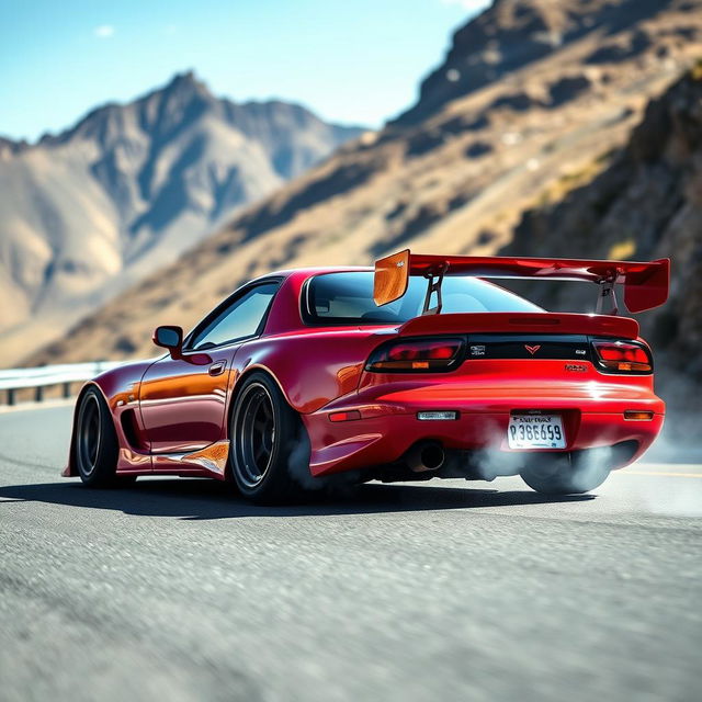 A 1991 Mazda RX-7 in a vibrant, glossy red finish, customized for drifting with bold aerodynamic features like a widebody kit, large rear spoiler, and aftermarket rims