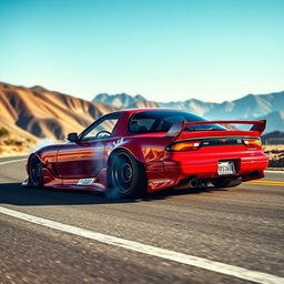 A 1991 Mazda RX-7 in a vibrant, glossy red finish, customized for drifting with bold aerodynamic features like a widebody kit, large rear spoiler, and aftermarket rims