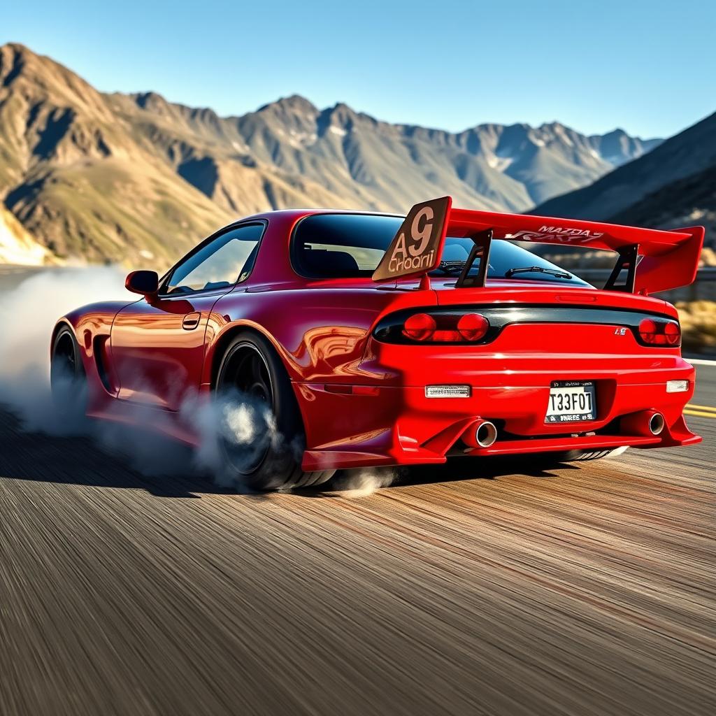 A 1991 Mazda RX-7 in a vibrant, glossy red finish, customized for drifting with bold aerodynamic features like a widebody kit, large rear spoiler, and aftermarket rims