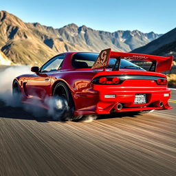 A 1991 Mazda RX-7 in a vibrant, glossy red finish, customized for drifting with bold aerodynamic features like a widebody kit, large rear spoiler, and aftermarket rims