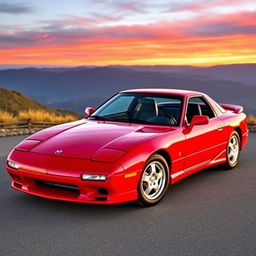 A stunning 1991 Mazda RX-7 in a bold, glossy red finish, showcasing its iconic sleek lines and sporty silhouette