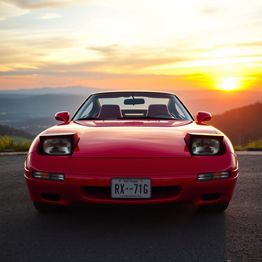 A stunning 1991 Mazda RX-7 in a bold, glossy red finish, showcasing its iconic sleek lines and sporty silhouette