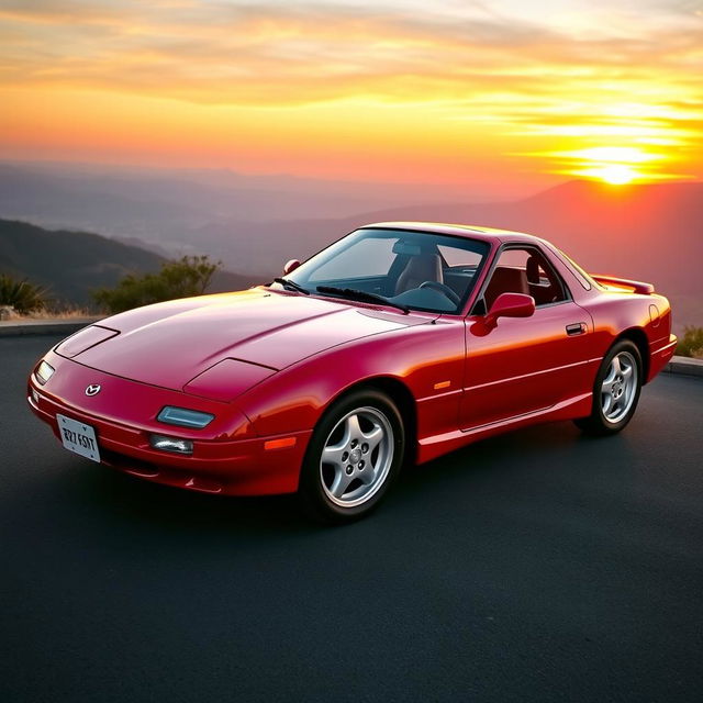 A stunning 1991 Mazda RX-7 in a bold, glossy red finish, showcasing its iconic sleek lines and sporty silhouette