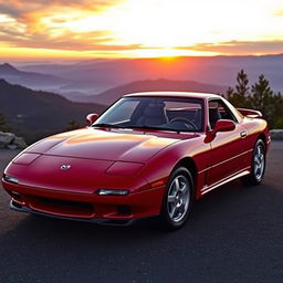 A stunning 1991 Mazda RX-7 in a bold, glossy red finish, showcasing its iconic sleek lines and sporty silhouette