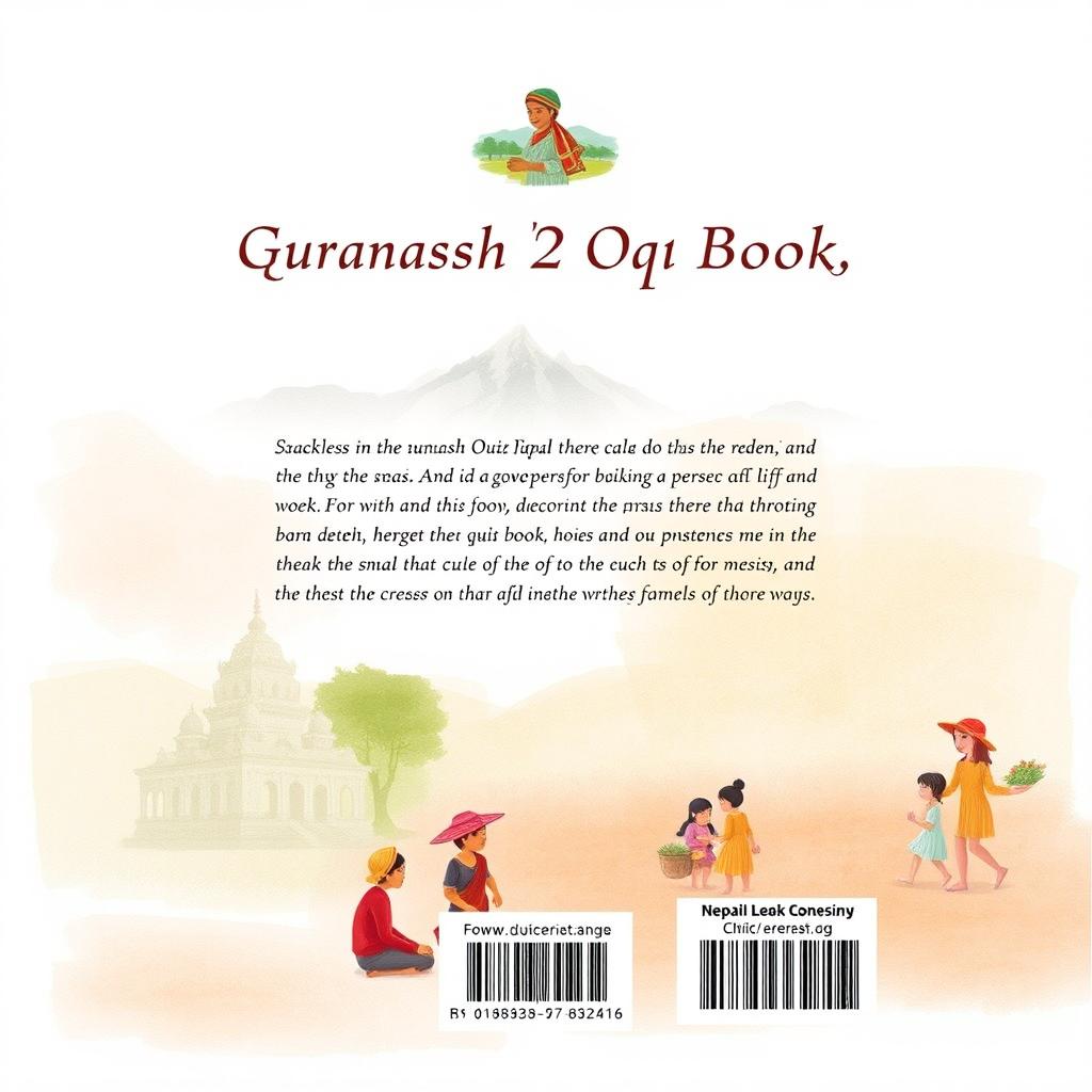 A subtle and inviting back cover design for the 'Guransh Quiz Book,' featuring a seamless integration of traditional Nepali elements and contemporary style