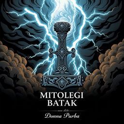 A striking illustration titled "Mitologi Batak" featuring Thor's hammer Mjölnir surrounded by dramatic lightning bolts