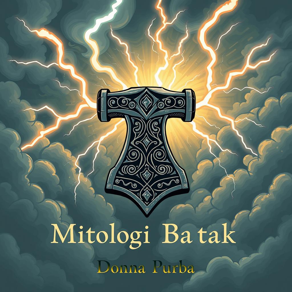 A striking illustration titled "Mitologi Batak" featuring Thor's hammer Mjölnir surrounded by dramatic lightning bolts