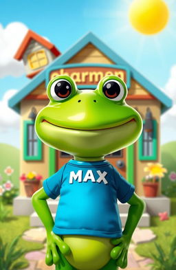 A cheerful green frog character resembling Pepe the Frog, wearing a vibrant T-shirt that has the name "MAX" printed on it, standing in front of a charming, colorful house