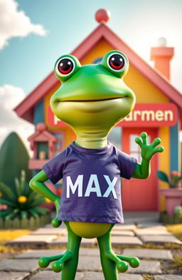 A cheerful green frog character resembling Pepe the Frog, wearing a vibrant T-shirt that has the name "MAX" printed on it, standing in front of a charming, colorful house
