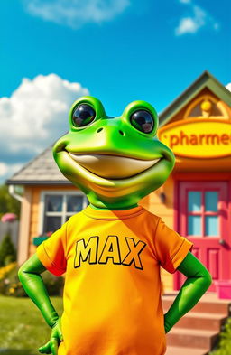 A cheerful green frog character resembling Pepe the Frog, wearing a vibrant T-shirt that has the name "MAX" printed on it, standing in front of a charming, colorful house