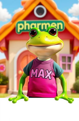 A cheerful green frog character resembling Pepe the Frog, wearing a vibrant T-shirt that has the name "MAX" printed on it, standing in front of a charming, colorful house