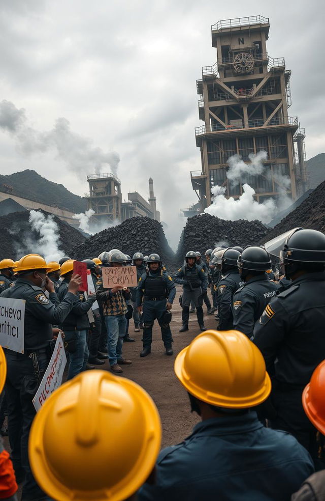 A dramatic scene depicting a police confrontation with protesting miners in front of the Onyeama mines