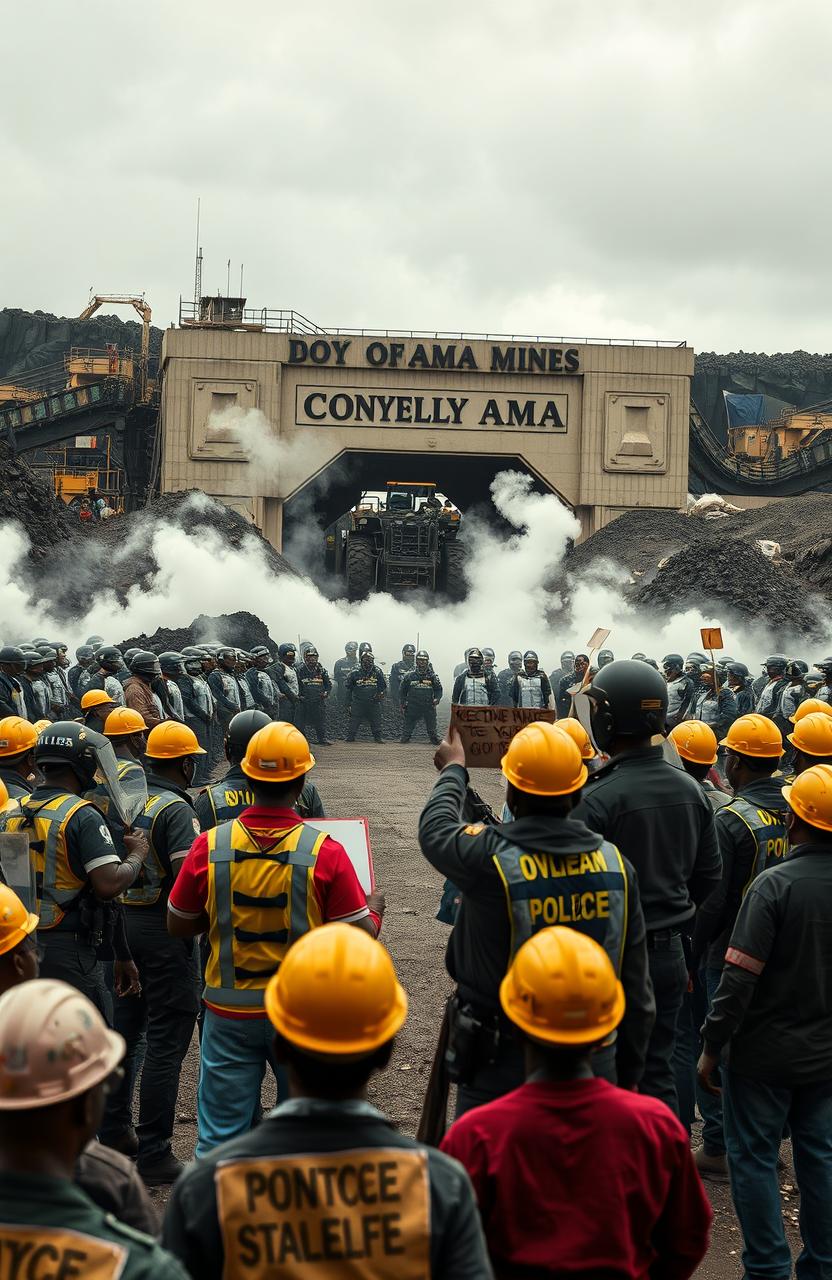 A dramatic scene depicting a police confrontation with protesting miners in front of the Onyeama mines