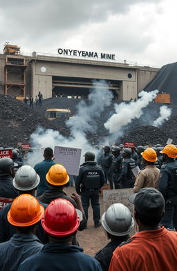 A dramatic scene depicting a police confrontation with protesting miners in front of the Onyeama mines