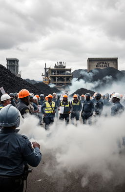 A dramatic scene depicting a police confrontation with protesting miners in front of the Onyeama mines