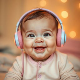 An adorable baby boy wearing cute headphones, looking joyful and curious