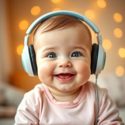 An adorable baby boy wearing cute headphones, looking joyful and curious