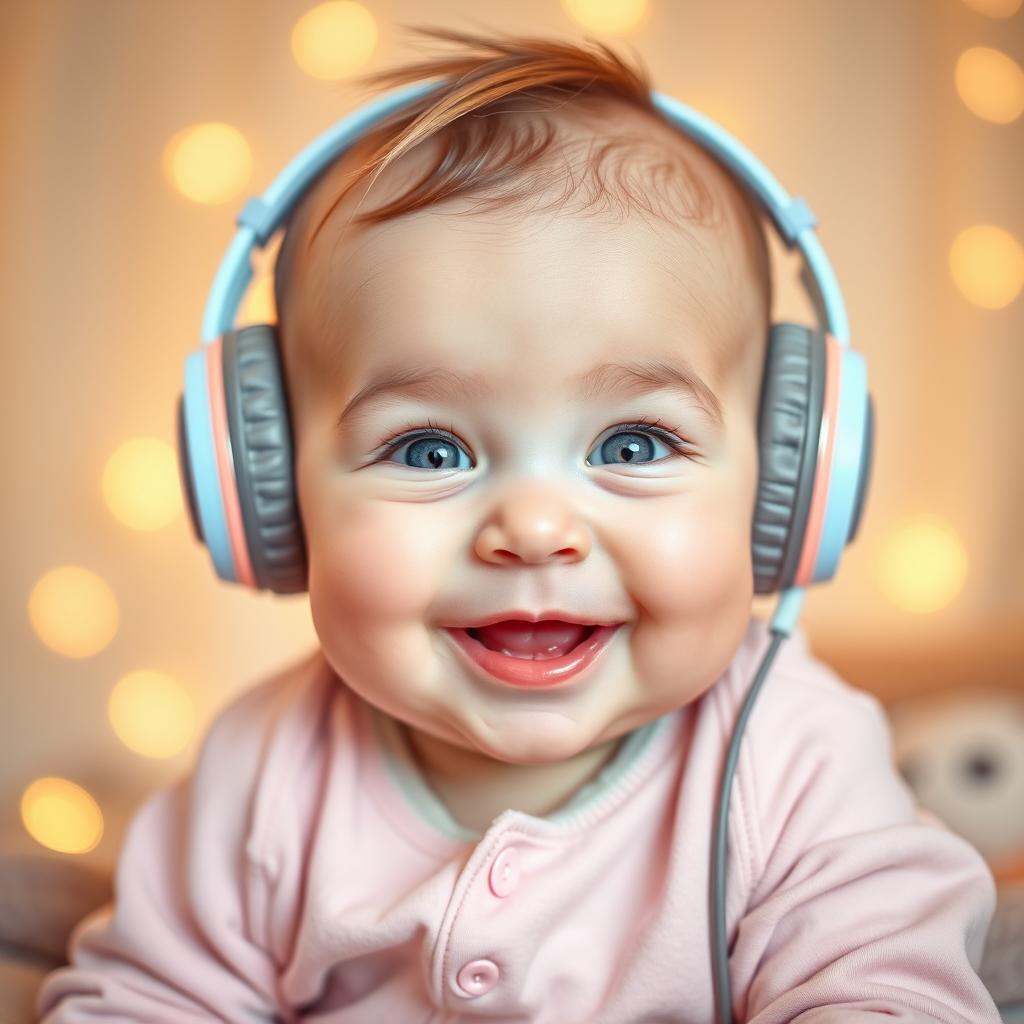 An adorable baby boy wearing cute headphones, looking joyful and curious