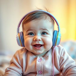 An adorable baby boy wearing cute headphones, looking joyful and curious
