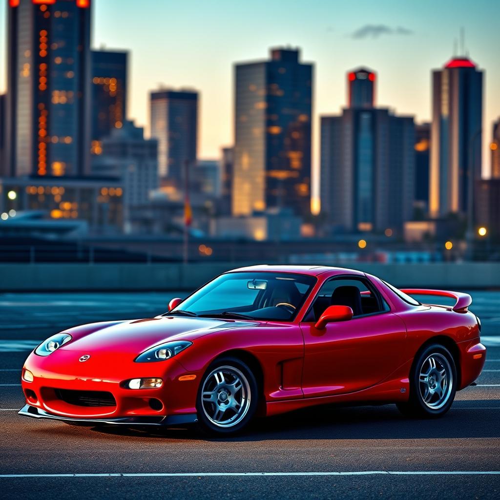 A striking 1998 Mazda RX-7 in a vibrant, glossy red finish, showcasing its distinctive and aerodynamic design