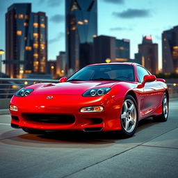 A striking 1998 Mazda RX-7 in a vibrant, glossy red finish, showcasing its distinctive and aerodynamic design