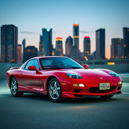 A striking 1998 Mazda RX-7 in a vibrant, glossy red finish, showcasing its distinctive and aerodynamic design