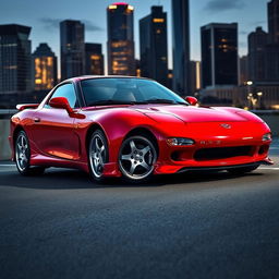 A striking 1998 Mazda RX-7 in a vibrant, glossy red finish, showcasing its distinctive and aerodynamic design