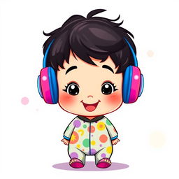 An adorable cartoon-style illustration of a baby boy with dark hair, wearing colorful headphones