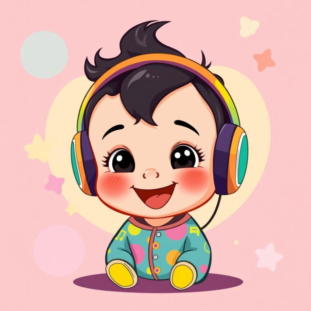 An adorable cartoon-style illustration of a baby boy with dark hair, wearing colorful headphones