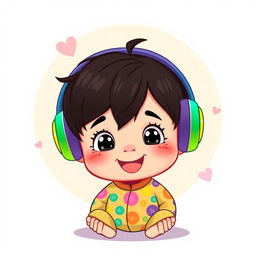 An adorable cartoon-style illustration of a baby boy with dark hair, wearing colorful headphones