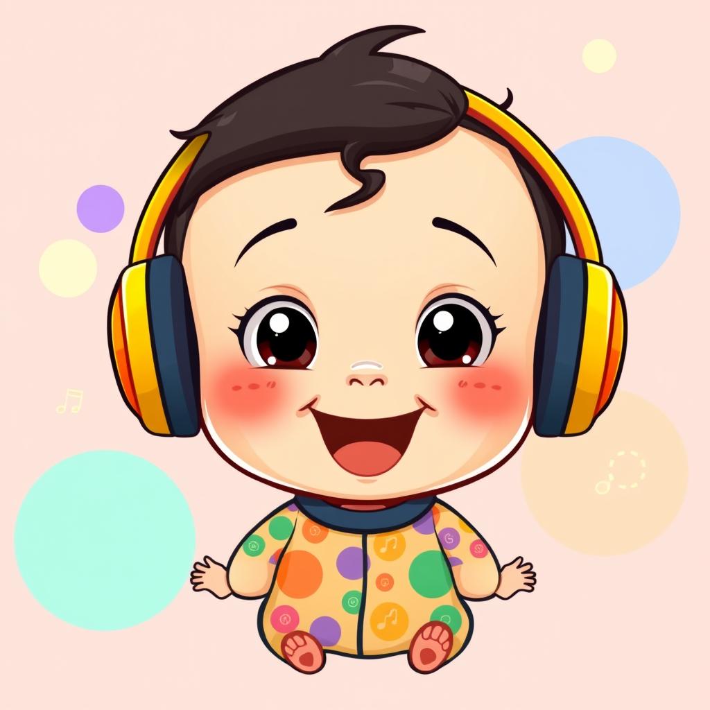 An adorable cartoon-style illustration of a baby boy with dark hair, wearing colorful headphones