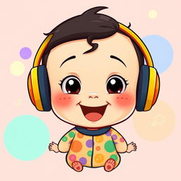 An adorable cartoon-style illustration of a baby boy with dark hair, wearing colorful headphones