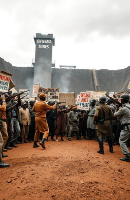 A powerful and dynamic historical scene depicting a tense confrontation between police and protesting black miners in front of the Onyeama mines in Nigeria, 1949