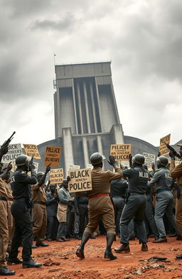 A powerful and dynamic historical scene depicting a tense confrontation between police and protesting black miners in front of the Onyeama mines in Nigeria, 1949