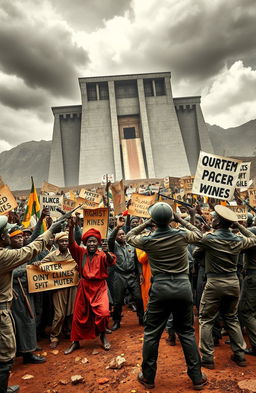 A powerful and dynamic historical scene depicting a tense confrontation between police and protesting black miners in front of the Onyeama mines in Nigeria, 1949