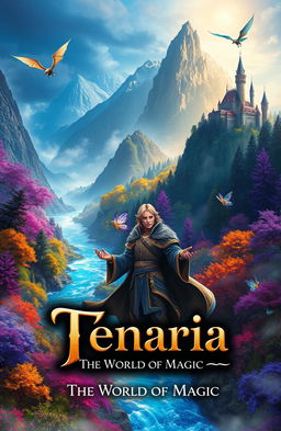 A mystical landscape featuring vibrant forests with deep blues, purples, and golds