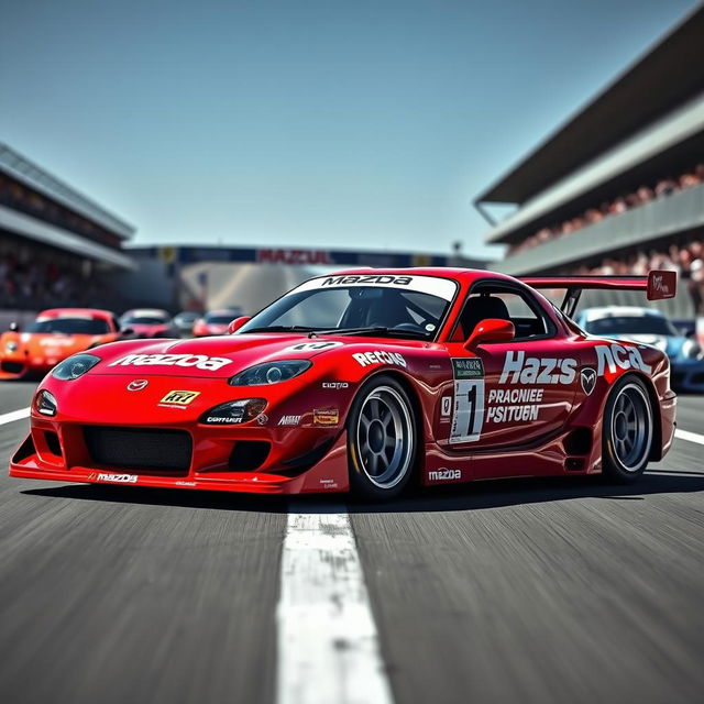 A striking 1998 Mazda RX-7 in a bold red color, designed as a race car with an aggressive widebody kit, enhancing its aerodynamic profile