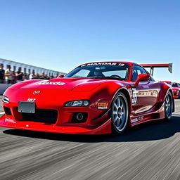 A striking 1998 Mazda RX-7 in a bold red color, designed as a race car with an aggressive widebody kit, enhancing its aerodynamic profile